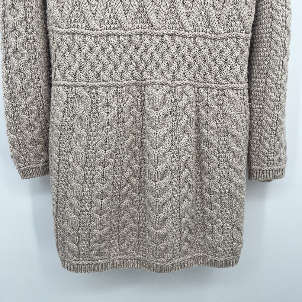 inis crafts merino 100% wool Sweater L Tan Long Full Zip Cable Knit Ireland Boho - Picture 10 of 12